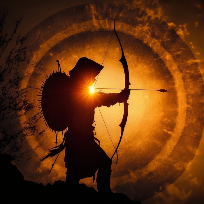 a silhouette of an archer aiming his bow 